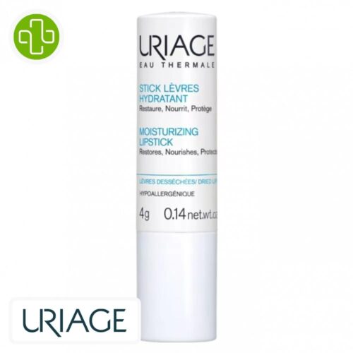 Produit de la marque Uriage Stick Lèvres Hydratant Réparateur Protecteur – 4g sur un fond blanc avec un logo Parachezvous et celui de de la marque Uriage