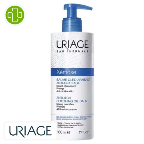 Produit de la marque Uriage Xémose Baume Oléo-Apaisant Anti-Grattage – 500ml sur un fond blanc avec un logo Parachezvous et celui de de la marque Uriage