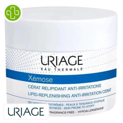 Produit de la marque Uriage Xémose Cerat Relipidant Anti-Irritations - 200ml sur un fond blanc avec un logo Parachezvous et celui de de la marque Uriage