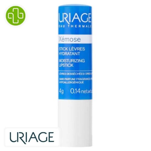 Produit de la marque Uriage Xémose Stick Lèvres Hydratant – 4g sur un fond blanc avec un logo Parachezvous et celui de de la marque Uriage