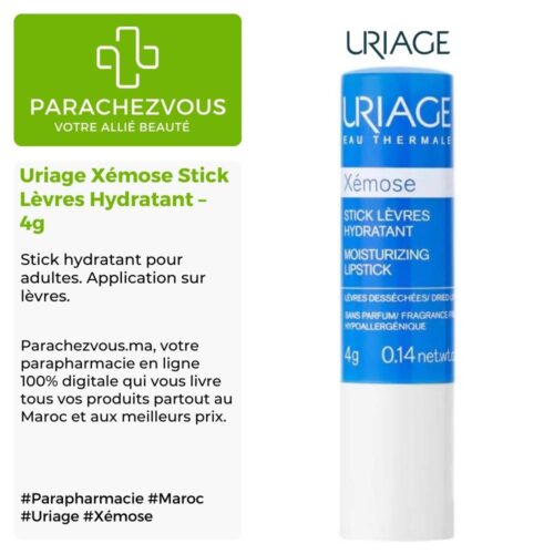 Produit de la marque Uriage Xémose Stick Lèvres Hydratant – 4g sur un fond blanc, vert et gris avec un logo Parachezvous et celui de la marque Uriage ainsi qu'une description qui détail les informations du produit