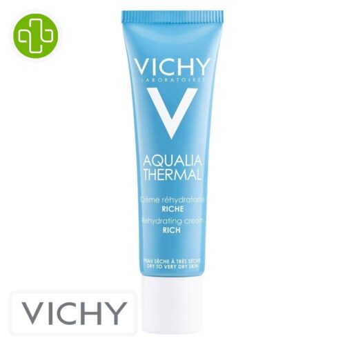 Produit de la marque Vichy Aqualia Thermal Crème Réhydratante Riche - 30ml sur un fond blanc avec un logo Parachezvous et celui de de la marque Vichy