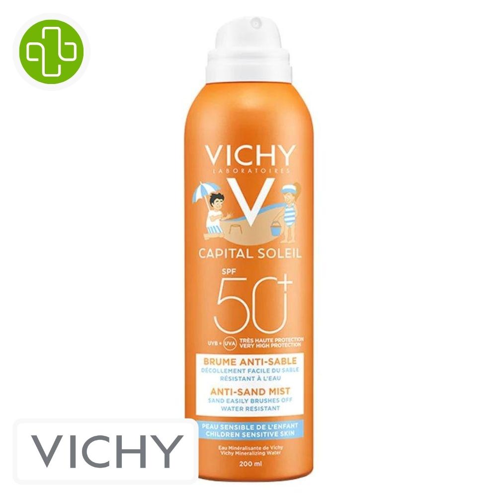 Produit de la marque vichy capital idéal soleil brume solaire anti-sable spf50 - 200ml sur un fond blanc avec un logo parachezvous et celui de de la marque vichy