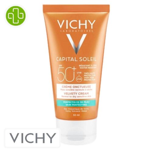 Produit de la marque Vichy Capital Idéal Soleil Crème Solaire Onctueuse Spf50 - 50ml sur un fond blanc avec un logo Parachezvous et celui de de la marque Vichy