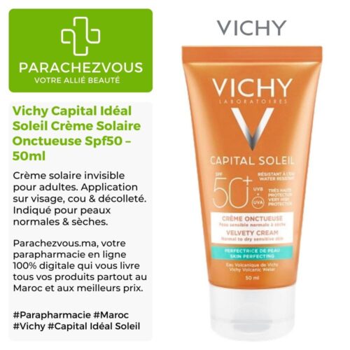 Produit de la marque Vichy Capital Idéal Soleil Crème Solaire Onctueuse Spf50 - 50ml sur un fond blanc, vert et gris avec un logo Parachezvous et celui de la marque Vichy ainsi qu'une description qui détail les informations du produit