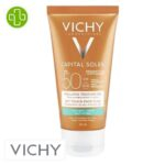 Produit de la marque Vichy Capital Idéal Soleil Émulsion Solaire Anti-Brillance Toucher Sec Spf50 - 50ml sur un fond blanc avec un logo Parachezvous et celui de de la marque Vichy