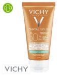 Produit de la marque Vichy Capital Idéal Soleil Émulsion Solaire Teinté BB Matifiante Anti-Brillance Toucher Sec Spf50 - 50ml sur un fond blanc avec un logo Parachezvous et celui de de la marque Vichy