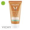Produit de la marque Vichy Capital Idéal Soleil Émulsion Solaire Teinté BB Matifiante Anti-Brillance Toucher Sec Spf50 - 50ml sur un fond blanc avec un logo Parachezvous et celui de de la marque Vichy