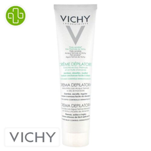 Produit de la marque Vichy Crème Dépilatoire - 150ml sur un fond blanc avec un logo Parachezvous et celui de de la marque Vichy