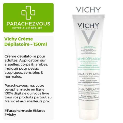Produit de la marque Vichy Crème Dépilatoire - 150ml sur un fond blanc, vert et gris avec un logo Parachezvous et celui de la marque Vichy ainsi qu'une description qui détail les informations du produit