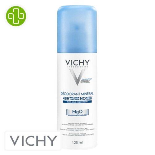 Produit de la marque Vichy Déodorant Spray Minéral 48h Aérosol - 125ml sur un fond blanc avec un logo Parachezvous et celui de de la marque Vichy