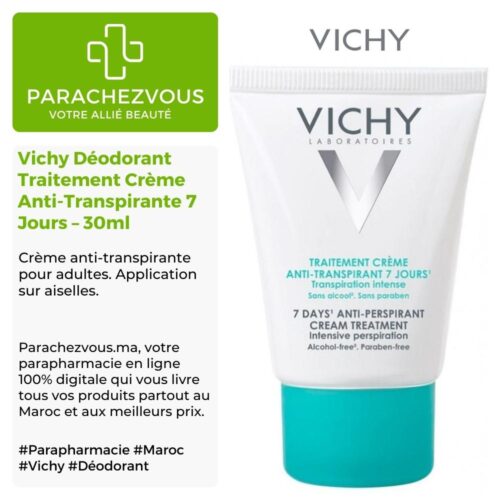Produit de la marque Vichy Déodorant Traitement Crème Anti-Transpirante 7 Jours - 30ml sur un fond blanc, vert et gris avec un logo Parachezvous et celui de la marque Vichy ainsi qu'une description qui détail les informations du produit