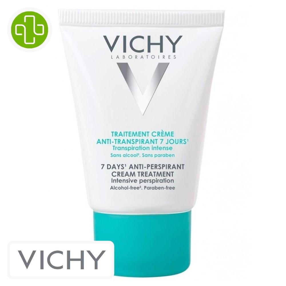 Produit de la marque vichy déodorant traitement crème anti-transpirante 7 jours - 30ml sur un fond blanc avec un logo parachezvous et celui de de la marque vichy