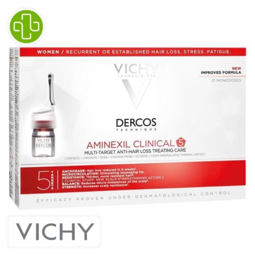 Produit de la marque Vichy Dercos Technique Aminexil Clinical 5 Femmes Traitement Anti-Chute - 21 Fioles sur un fond blanc avec un logo Parachezvous et celui de de la marque Vichy