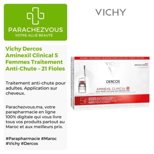 Produit de la marque Vichy Dercos Technique Aminexil Clinical 5 Femmes Traitement Anti-Chute - 21 Fioles sur un fond blanc, vert et gris avec un logo Parachezvous et celui de la marque Vichy ainsi qu'une description qui détail les informations du produit