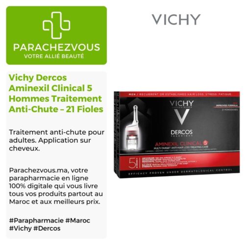 Produit de la marque Vichy Dercos Technique Aminexil Clinical 5 Hommes Traitement Anti-Chute - 21 Fioles sur un fond blanc, vert et gris avec un logo Parachezvous et celui de la marque Vichy ainsi qu'une description qui détail les informations du produit