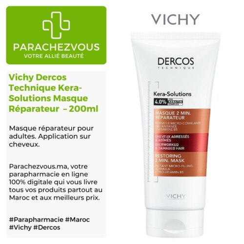 Produit de la marque Vichy Dercos Technique Kera-Solutions Masque Réparateur 2min - 200ml sur un fond blanc, vert et gris avec un logo Parachezvous et celui de la marque Vichy ainsi qu'une description qui détail les informations du produit