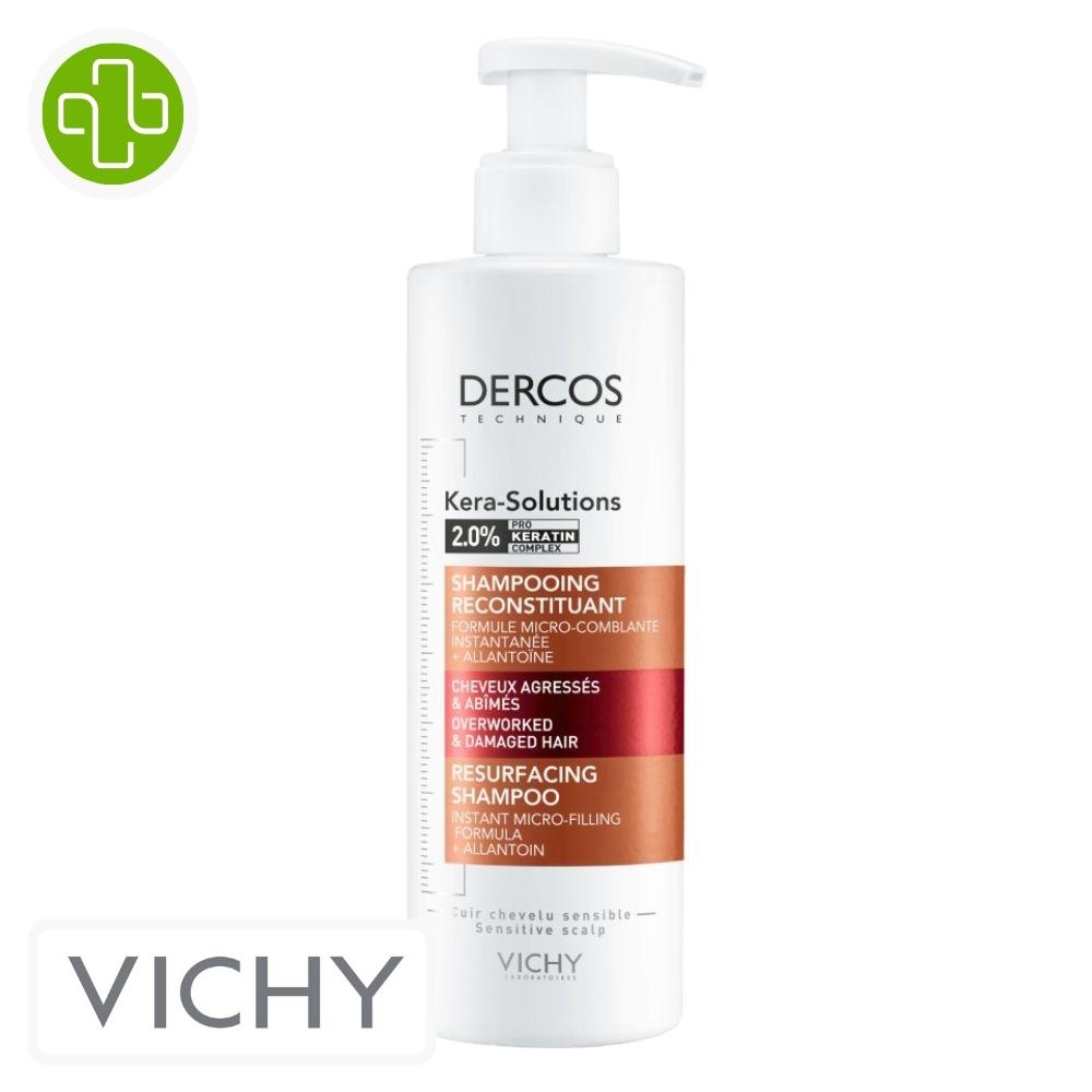 Produit de la marque vichy dercos technique kera-solutions shampooing reconstituant - 250ml sur un fond blanc avec un logo parachezvous et celui de de la marque vichy
