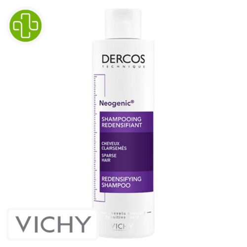 Produit de la marque Vichy Dercos Technique Neogenic Shampooing Redensifiant - 200ml sur un fond blanc avec un logo Parachezvous et celui de de la marque Vichy
