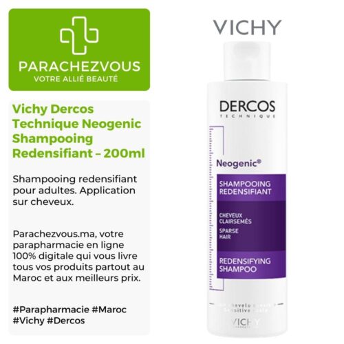 Produit de la marque Vichy Dercos Technique Neogenic Shampooing Redensifiant - 200ml sur un fond blanc, vert et gris avec un logo Parachezvous et celui de la marque Vichy ainsi qu'une description qui détail les informations du produit