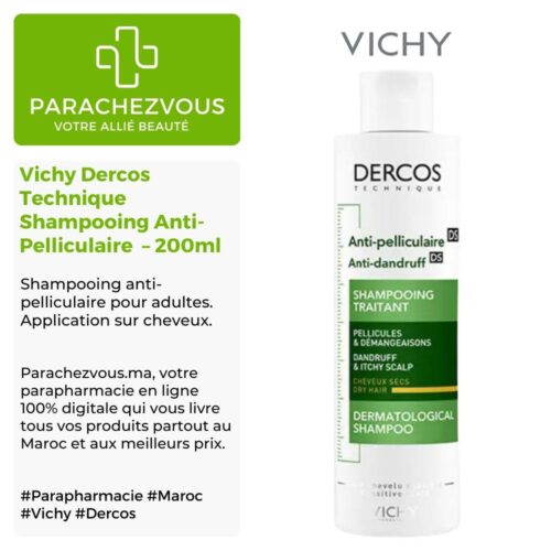 Produit de la marque Vichy Dercos Technique Shampooing Anti-Pelliculaire Cheveux Secs - 200ml sur un fond blanc, vert et gris avec un logo Parachezvous et celui de la marque Vichy ainsi qu'une description qui détail les informations du produit