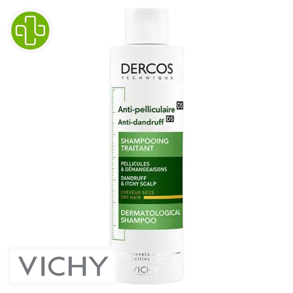 Produit de la marque vichy dercos technique shampooing anti-pelliculaire cheveux secs - 200ml sur un fond blanc avec un logo parachezvous et celui de de la marque vichy