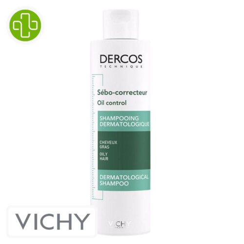 Produit de la marque Vichy Dercos Technique Shampooing Sébo-Correcteur Dermatologique - 200ml sur un fond blanc avec un logo Parachezvous et celui de de la marque Vichy