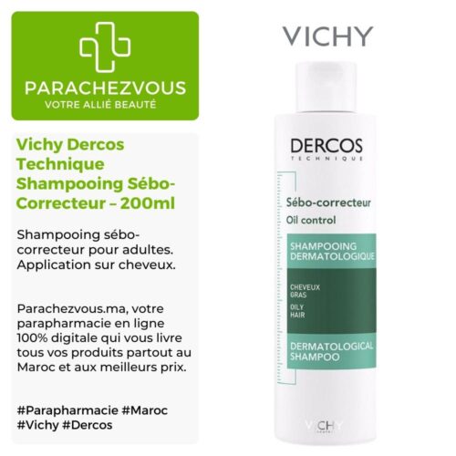 Produit de la marque Vichy Dercos Technique Shampooing Sébo-Correcteur Dermatologique - 200ml sur un fond blanc, vert et gris avec un logo Parachezvous et celui de la marque Vichy ainsi qu'une description qui détail les informations du produit
