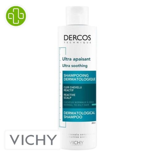 Produit de la marque Vichy Dercos Technique Shampooing Ultra Apaisant Cheveux Normaux à Gras - 200ml sur un fond blanc avec un logo Parachezvous et celui de de la marque Vichy