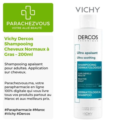 Produit de la marque Vichy Dercos Technique Shampooing Ultra Apaisant Cheveux Normaux à Gras - 200ml sur un fond blanc, vert et gris avec un logo Parachezvous et celui de la marque Vichy ainsi qu'une description qui détail les informations du produit