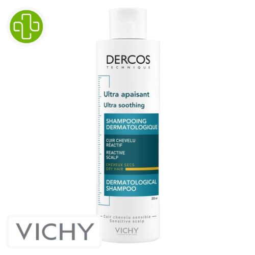 Produit de la marque Vichy Dercos Technique Shampooing Ultra Apaisant Cheveux Secs - 200ml sur un fond blanc avec un logo Parachezvous et celui de de la marque Vichy
