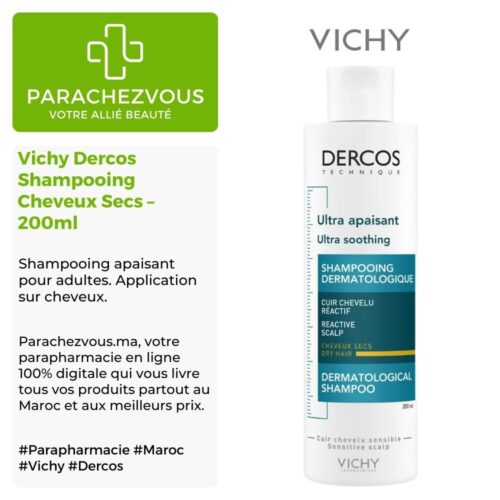 Produit de la marque Vichy Dercos Technique Shampooing Ultra Apaisant Cheveux Secs - 200ml sur un fond blanc, vert et gris avec un logo Parachezvous et celui de la marque Vichy ainsi qu'une description qui détail les informations du produit