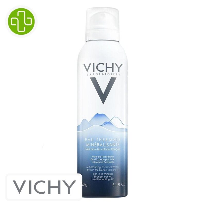 Produit de la marque vichy eau thermale minéralisante - 150g sur un fond blanc avec un logo parachezvous et celui de de la marque vichy