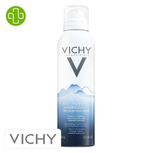 Produit de la marque Vichy Eau Thermale Minéralisante - 150g sur un fond blanc avec un logo Parachezvous et celui de de la marque Vichy