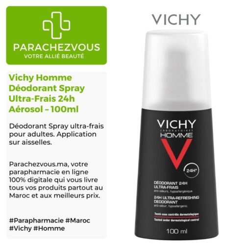 Produit de la marque Vichy Homme Déodorant Spray Ultra-Frais 24h Aérosol - 100ml sur un fond blanc, vert et gris avec un logo Parachezvous et celui de la marque Vichy ainsi qu'une description qui détail les informations du produit
