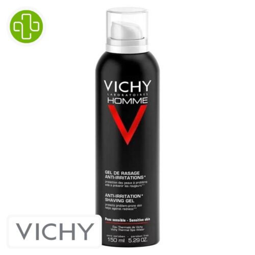 Produit de la marque Vichy Homme Gel de Rasage Anti-Irritations - 150ml sur un fond blanc avec un logo Parachezvous et celui de de la marque Vichy