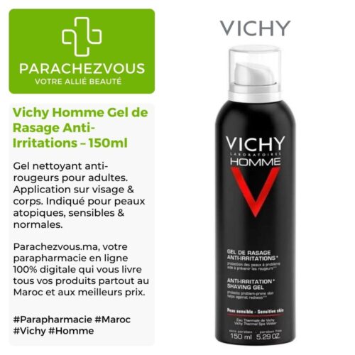 Produit de la marque Vichy Homme Gel de Rasage Anti-Irritations - 150ml sur un fond blanc, vert et gris avec un logo Parachezvous et celui de la marque Vichy ainsi qu'une description qui détail les informations du produit