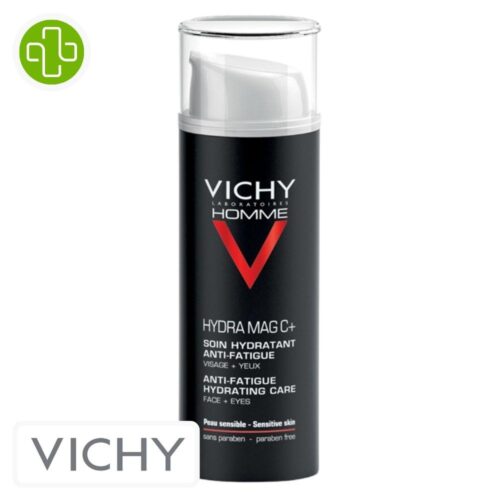 Produit de la marque Vichy Homme Hydra Mag C+ Soin Hydratant Anti-Fatigue - 50ml sur un fond blanc avec un logo Parachezvous et celui de de la marque Vichy