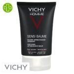 Produit de la marque Vichy Homme Sensi Baume Après-Rasage Apaisant - 75ml sur un fond blanc avec un logo Parachezvous et celui de de la marque Vichy