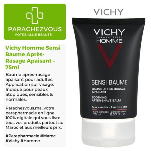 Produit de la marque Vichy Homme Sensi Baume Après-Rasage Apaisant - 75ml sur un fond blanc, vert et gris avec un logo Parachezvous et celui de la marque Vichy ainsi qu'une description qui détail les informations du produit