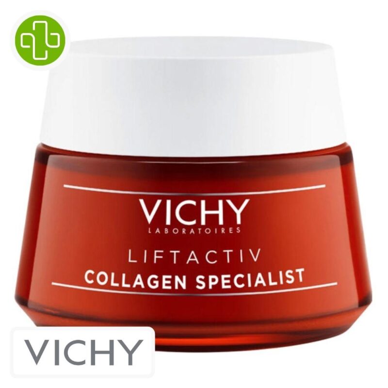 Produit de la marque vichy liftactiv collagen specialist crème de jour anti-âge - 50ml sur un fond blanc avec un logo parachezvous et celui de de la marque vichy