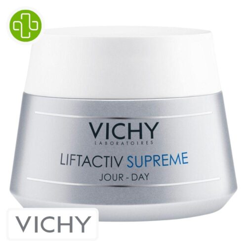 Produit de la marque Vichy Liftactiv Supreme Crème de Jour Anti-Âge Peaux Sèches - 50ml sur un fond blanc avec un logo Parachezvous et celui de de la marque Vichy