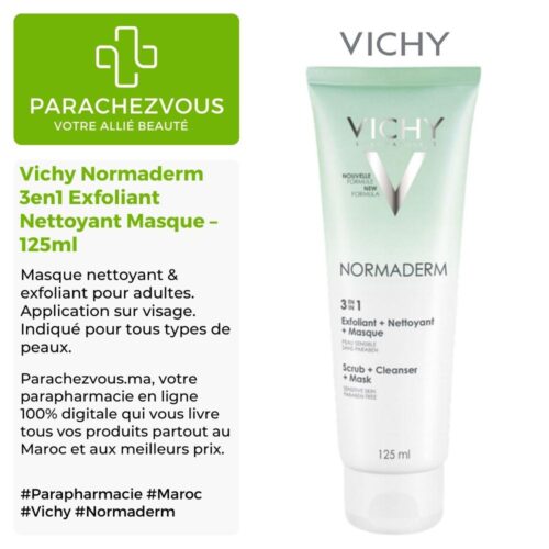 Produit de la marque Vichy Normaderm 3en1 Exfoliant Nettoyant Masque - 125ml sur un fond blanc, vert et gris avec un logo Parachezvous et celui de la marque Vichy ainsi qu'une description qui détail les informations du produit
