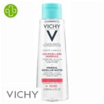 Produit de la marque Vichy Pureté Thermale Eau Micellaire Minérale Démaquillante Peaux Sensibles - 200ml sur un fond blanc avec un logo Parachezvous et celui de de la marque Vichy