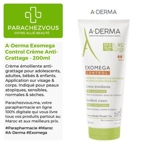 Produit de la marque A-Derma Exomega Control Crème Émolliente Anti-Grattage - 200ml sur un fond blanc, vert et gris avec un logo Parachezvous et celui de la marque A-Derma ainsi qu'une description qui détail les informations du produit