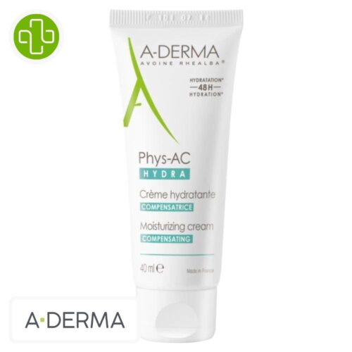 Produit de la marque A-Derma Phys-AC Hydra Crème Hydratante Compensatrice - 40ml sur un fond blanc avec un logo Parachezvous et celui de de la marque A-Derma