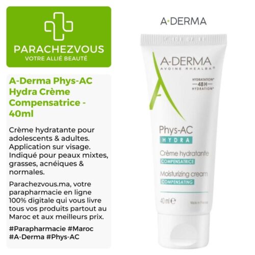 Produit de la marque A-Derma Phys-AC Hydra Crème Hydratante Compensatrice - 40ml sur un fond blanc, vert et gris avec un logo Parachezvous et celui de la marque A-Derma ainsi qu'une description qui détail les informations du produit