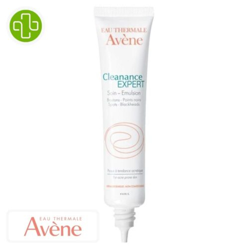 Produit de la marque Avène Cleanance Expert Soin Émulsion Boutons & Points Noirs - 40ml sur un fond blanc avec un logo Parachezvous et celui de de la marque Avène