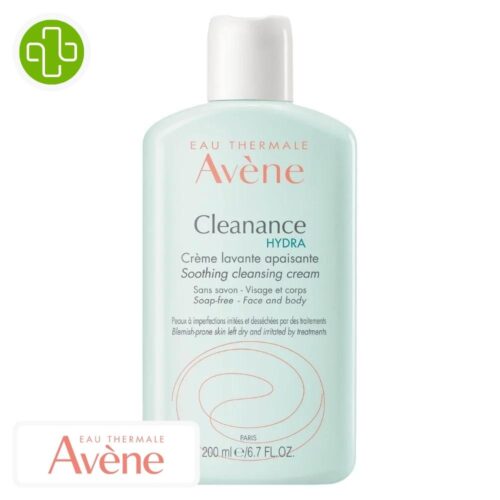 Produit de la marque Avène Cleanance Hydra Crème Lavante Apaisante - 200ml sur un fond blanc avec un logo Parachezvous et celui de de la marque Avène