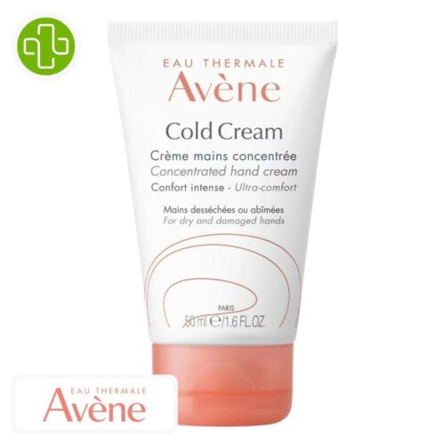 Produit de la marque Avène Cold Cream Crème Mains Concentrée Confort - 50ml sur un fond blanc avec un logo Parachezvous et celui de de la marque Avène